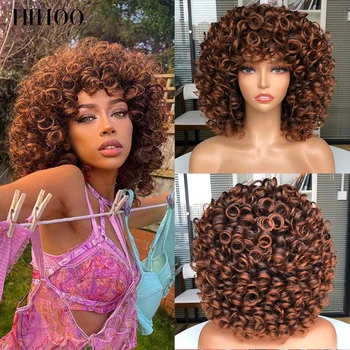 Syntetické Krátké Vlasy Afro Perverzní Kudrnaté Paruky s Ofinou Pro Černé Ženy Cosplay Přírodní Vlasy Ombre Smíšené Hnědá Blond Paruka