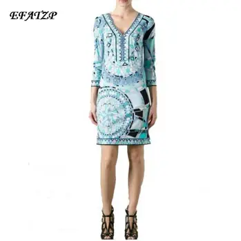 EFATZP Luxusní Značky Šaty Ženy Ohromující Tisk V-Neck Elegantní 3/4 Rukáv Jersey Hedvábné Šaty Roztomilé Šaty