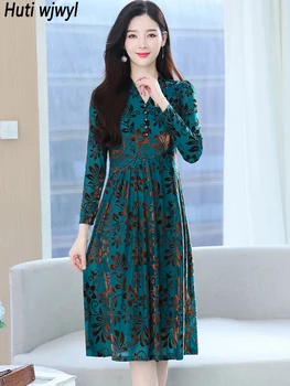 2022 Zelené Dlouhý Rukáv Ležérní V-Neck Midi Šaty Ženy Elegantní Office Lady Šaty Podzim Zima Korean Vintage Bodycon Party Šaty