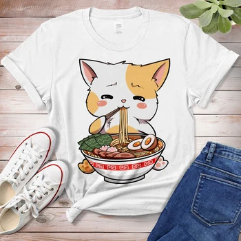 Harajuku Top Dámské tričko Kočka Ramen Tisk Příležitostné Dámy Základní O-límec Krátký Rukáv Ženy T-shirt Dívku,Drop Loď