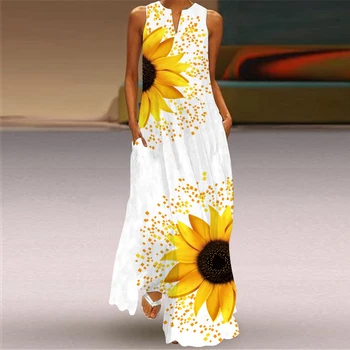 3D Slunečnice Tištěné Maxi Šaty Letní Dámské Módní Květiny bez Rukávů Příležitostné letní Šaty Dámské Elegantní Party Světlé Dlouhé Šaty