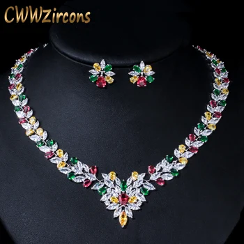 CWWZircons Vysoce Kvalitní Vícebarevné Cubic Zirconia Krystal Náhrdelník Svatební Náhrdelník Svatební Šperky Soupravy pro Ženy T132