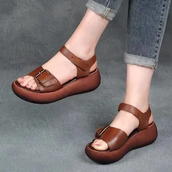 V létě Ženy, Originální PU Kožené Sandály Vintage Wedge Boty Ženy Spony Popruh Tlustý Spodní Byty Platforma Sandály Ženské Boty