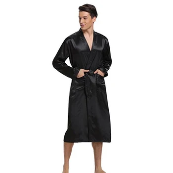 Nové Černé Pánské Saténové Hedvábí Šaty Šaty Jednobarevné Kimono Vana Spaní Lounge Neformální Mužské Košile Noční Úbory Domů Nosit