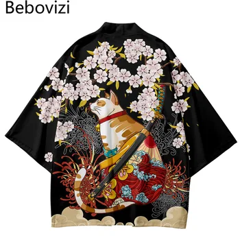 Japonský Streetwear Svetr Kočka Tisk Ženy Tričko Asijské Župan Kimono Harakuju Vintage Samuraj Kostým Muži Haori Yukata Oblečení