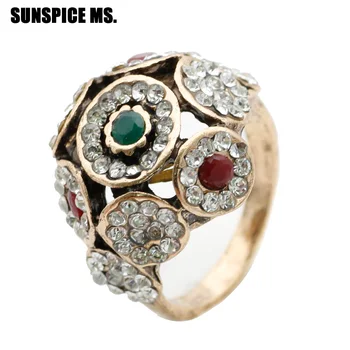 SUNSPICE PANÍ Vintage Indické Svatební Kolo Květinové Prsteny Pro Ženy Mozaika Modrá Crystal Starožitné Zlaté Barvy Turecko Šperky Lásky Dar
