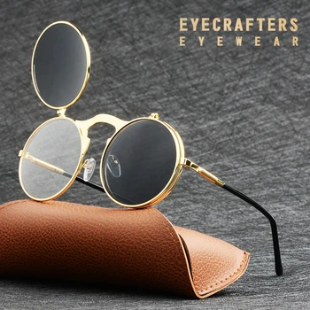 EYECRAFTERS Módní Flip Up Čočky Steampunk Vintage Retro Styl Kulaté sluneční Brýle Jaro Nohy Véčko Double Lens Eyewaer