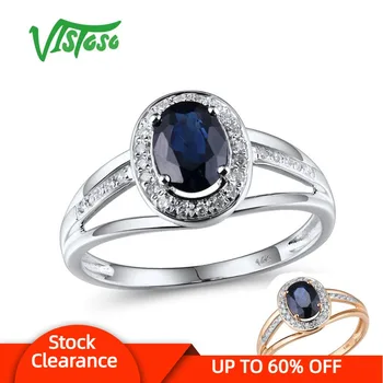 VISTOSO 14K Bílé Zlato Prsteny Pro Ženy, Originální Šumivé Diamond 7X5mm Modrý Safír Zásnubní Výročí Jedinečné Jemné Šperky