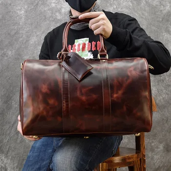Pánské originální kožené cestovní tašky odolné Tlusté crazy horse kožené cestovní tašky z pravé kůže Vintage Retro Vzhled víkend pytel