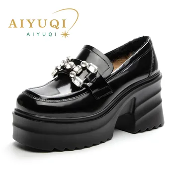 AIYUQI Dámské boty Vysoké podpatky Platformy 2023 Nové Originální Kožené Dámské Jarní Boty Módní Britský Styl Mokasíny Pro Dámy