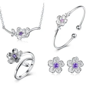 925 Sterling Silver Třešňových Květů, Náhrdelník, Prsten, Náramek, Náušnice Set 4 Elegantní Módní Jemné Šperky Pro Ženy