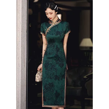 S-7XL Vysoce Kvalitní Ženy Cheongsam Tmavě Zelené Čínské Vintage Letní Zlepšila Elegantní Slim Dlouhé Šaty Retro Tradiční Qipao