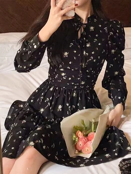 Černé Květinové Mini Šaty Ženy Ležérní 2022 Podzim Korejský Styl Krátké Party Šaty Slim Dlouhý Rukáv Vintage Elegantní Šaty Design