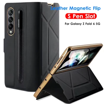 Kůže Magnetický Flip Pouzdro pro Samsung Galaxy Z Fold 4 Kryt Kožené Flip Stojan S Pero Držitel Slot Pouzdro Pro Z Fold4 5G ( NE Pero)