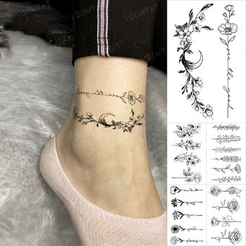 Tetování Vodotěsné, Pro Ženy Květina Dočasné Nálepka Kotník Nápisy Falešné Tatto Černá Noha Ruka Ženy Muži Třpytky Body Art, Tetování