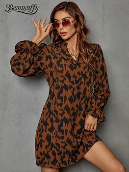 Benuynffy Vroubkované Krku Leopard Tisk Rovné Šaty Ženy Jaro Podzim Street Ležérní Dlouhý Rukáv Ženy Mini Šaty 2022 Nové